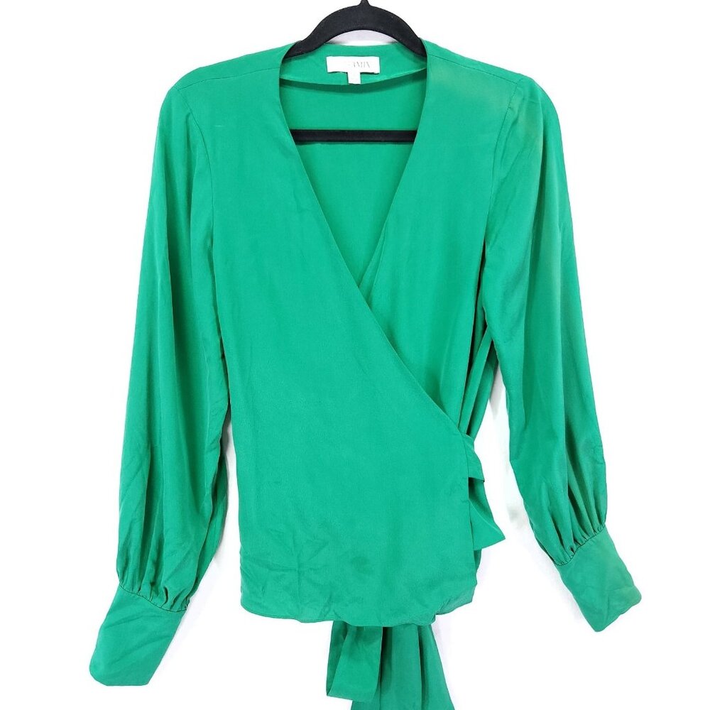 Intermix Silk Wrap Blouse Size 4 Green Long Sleeve Button Wrist